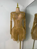 Sparkly Rhinestones Fringes Tight Bodysuit Women Sexy Mesh See Through Performance Stage Outfit Luxury Birthday Party Wear