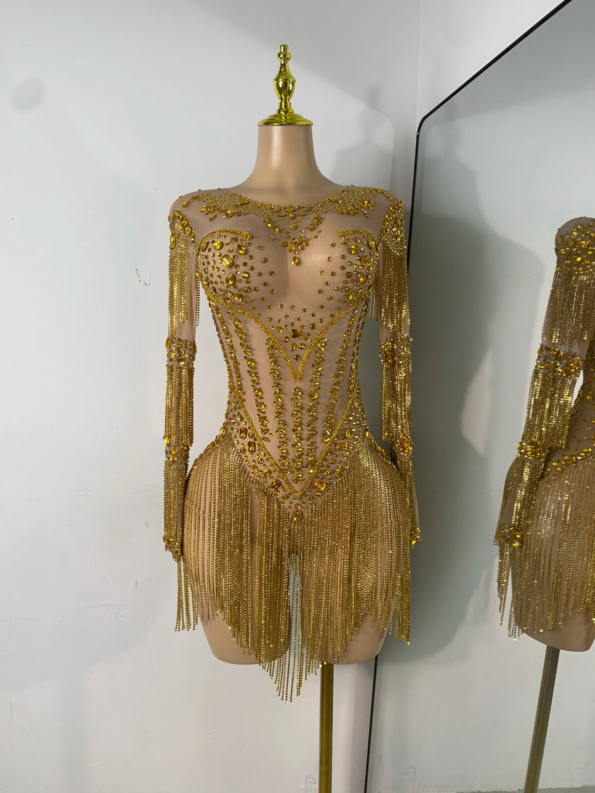 Sparkly Rhinestones Fringes Tight Bodysuit Women Sexy Mesh See Through Performance Stage Outfit Luxury Birthday Party Wear