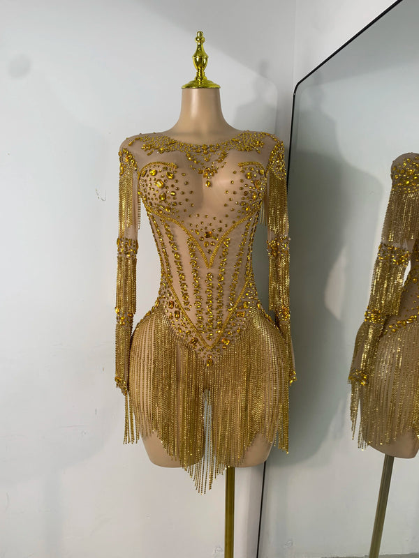 Sparkly Rhinestones Fringes Tight Bodysuit Women Sexy Mesh See Through Performance Stage Outfit Luxury Birthday Party Wear
