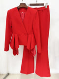 Red V-Neck Irregular High Waisted Blazer Suit Jacket High Waisted Long Pants Set Formal Women'S Two-Piece Set