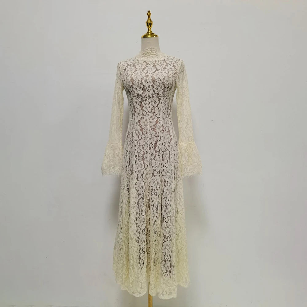 White Loose Spliced Lace Chic Dresses for Women O Neck Long Sleeve French Elegant Dress Female Summer Fashion Style Clothing