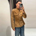 Vintage Waist Cinched Women's Suede Jacket Stand Collar Long Sleeve Single Breasted MilitaryJackets 2026 Autumn Lady Chic Coats