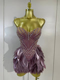Sparkly Diamonds Leaf Sexy Mesh See Through Strapless Bodycon Dress Luxury Birthday Evening Party Outfit Nightclub Stage Costume