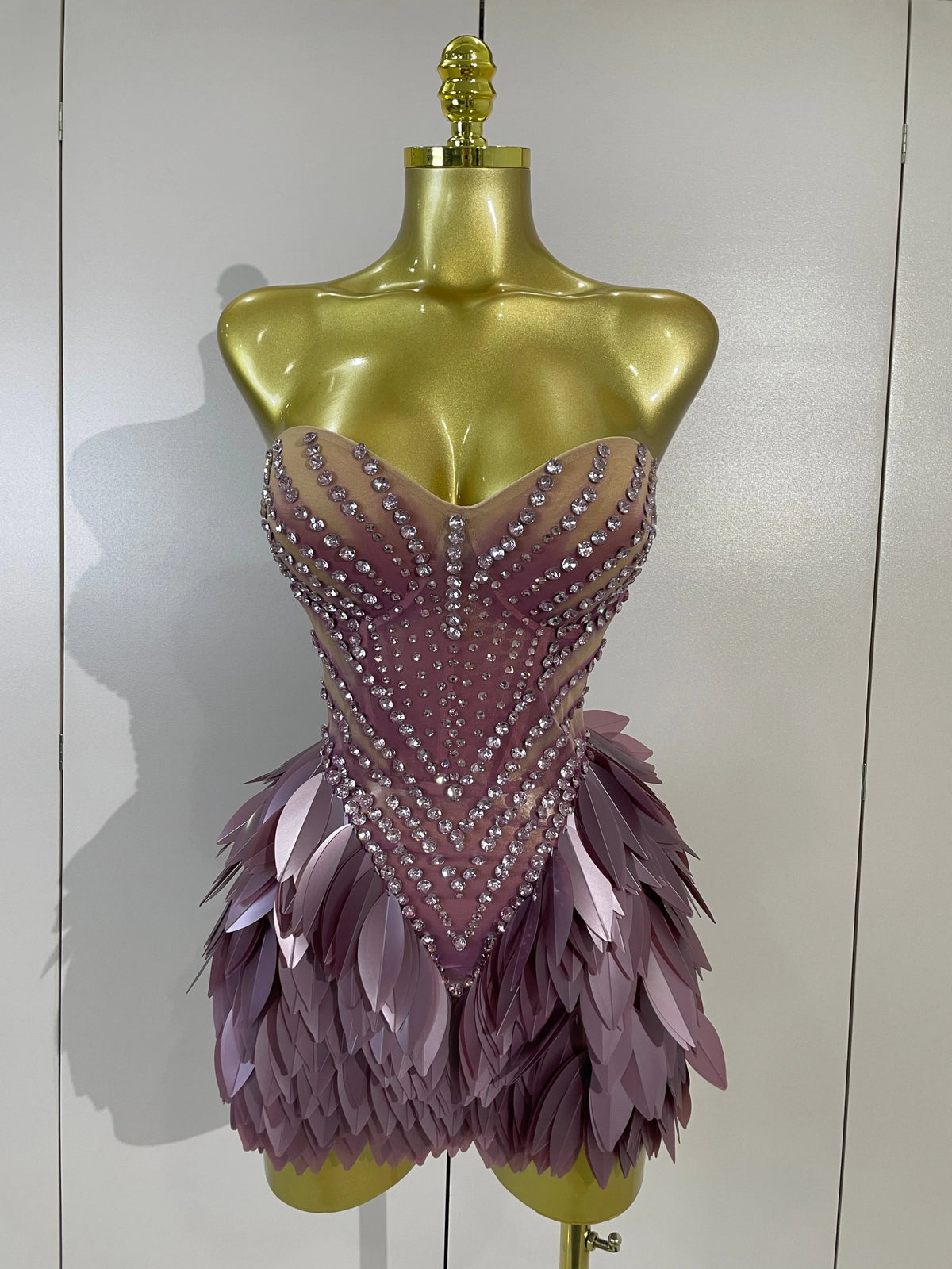 Sparkly Diamonds Leaf Sexy Mesh See Through Strapless Bodycon Dress Luxury Birthday Evening Party Outfit Nightclub Stage Costume