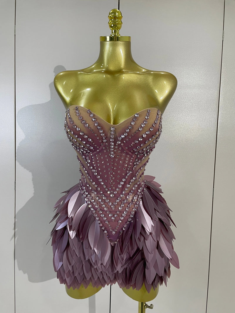 Sparkly Diamonds Leaf Sexy Mesh See Through Strapless Bodycon Dress Luxury Birthday Evening Party Outfit Nightclub Stage Costume