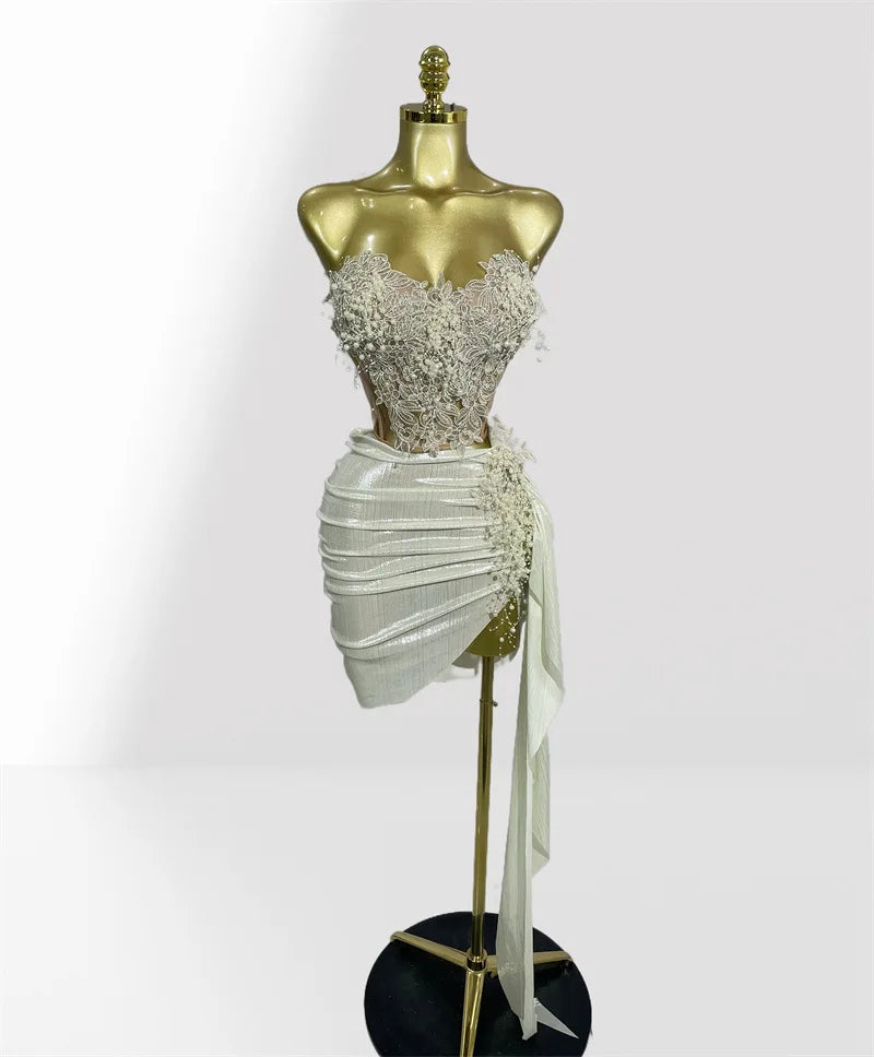 Beautiful 3D Petal Beaded Tube Top + Short Skirt Suit Party Stage Performance Photo Look Dress Vestido Cerimônia Mulher Elegante