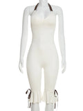 Contrast Color Bandage Playsuits Woman Halter Low-Neck Backless Sleeveless Ruffles High Street Fashion Style Rompers