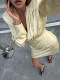 Women's Satin Floral Print Wrap Mini Dress Long Sleeve V Neck Wrinkle Lace Up Slim Short Dress Summer Party Casual Dress