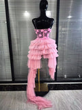 Black Pink Fairy Strapless V Neck Flowers Pearls Mesh Cupcake Mini Trailing Birthday Party Photoshoot Dress Performance Costumes