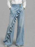 American Style Loose Irregular Splicing High Waisted A-line Wide Leg Jeans For Women Autumn