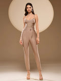 Khaki Ginger Women's V-neck Bodycon Sexy Sleeveless Rayon Bandage Jumpsuit Night Club Party Jumpsuits
