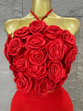 Elegant Two Piece Set Women Halter 3D Flower Crop Top High Waist Flare Pants Bandage Suit Party Casual Formal Wear