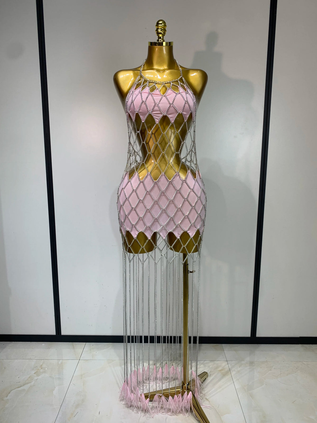 Women Sexy Hollow Out Chain See Through Long Dress Nightclub Stage Performance Costume Birthday Evening Party Vacation Dress