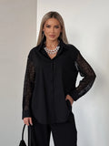 Office Spliced Back Sheer Hollow Blouse for Women Lapel Long Sleeve Patchwork Single Breasted Shirt Female 2026 New