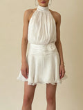 White Loose Spliced Flower Chic Dress for Women Halter Sleeveless Korean Sweet Dresses Female Summer Fashion New