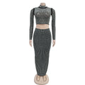 Luxury Sexy Sparkling Rhinestone Decor Top and High Waist Skinny Skirt 2pcs Set Birthday Evening Party Dress Skirt Suit