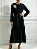 Elegant Round Neck Two Piece Sets for Women Contrast Stitching Long Sleeve Top Wide Leg Pants for Formal Daily Casual Outfit