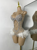 Luxury Women Sexy Shiny Crystal Feathers Hollow Out Bodysuit Nightclub Performance Dance Costume Nightclub Singer Stage Wear