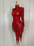 Sparkly Rhinestones Tassel Sexy See-Through Dress Women One Shoulder Latin Dance Outfits Bars Nightclub Party Stage Costume