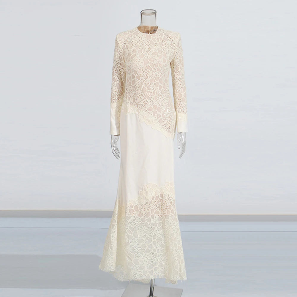 Solid Color Elegant Party Vestido Women'S Spliced Mesh Sequin Slim Long Sleeved Maxi Long Dress