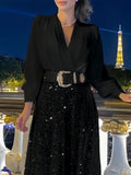 Splice Sequins Maxi Dresses For Women Fashion Folds Loose V Neck Elegant Dress Femme Party Evening Dresses Luxury