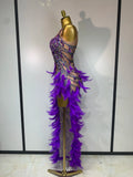 Sparkly Rhinestones Feather Sexy Bodycon Long Dress Women Luxury Birthday Evening Party Fashion Show Nightclub Stage Costume
