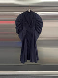 Retro Modern Tunic Design Coat for Women Lapel Puff Sleeve Splied Double Breasted Navyblue Midi Length Jackets Female Autumn