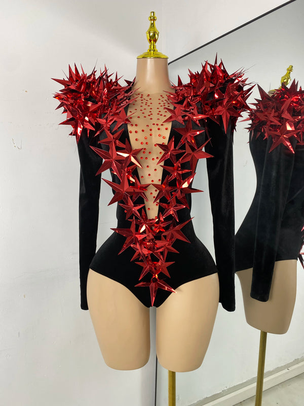 Women Sexy Sparkly Crystals 3D Sequined Stars Velvet Long Sleeve Bodysuit Nightclub Performance Dance Costume Singer Stage Wear