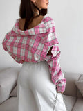 American Streetwear Pink Plaid Shirt for Women Lapel Removable Designer Long Sleeve Casual Shirts Female Fashion