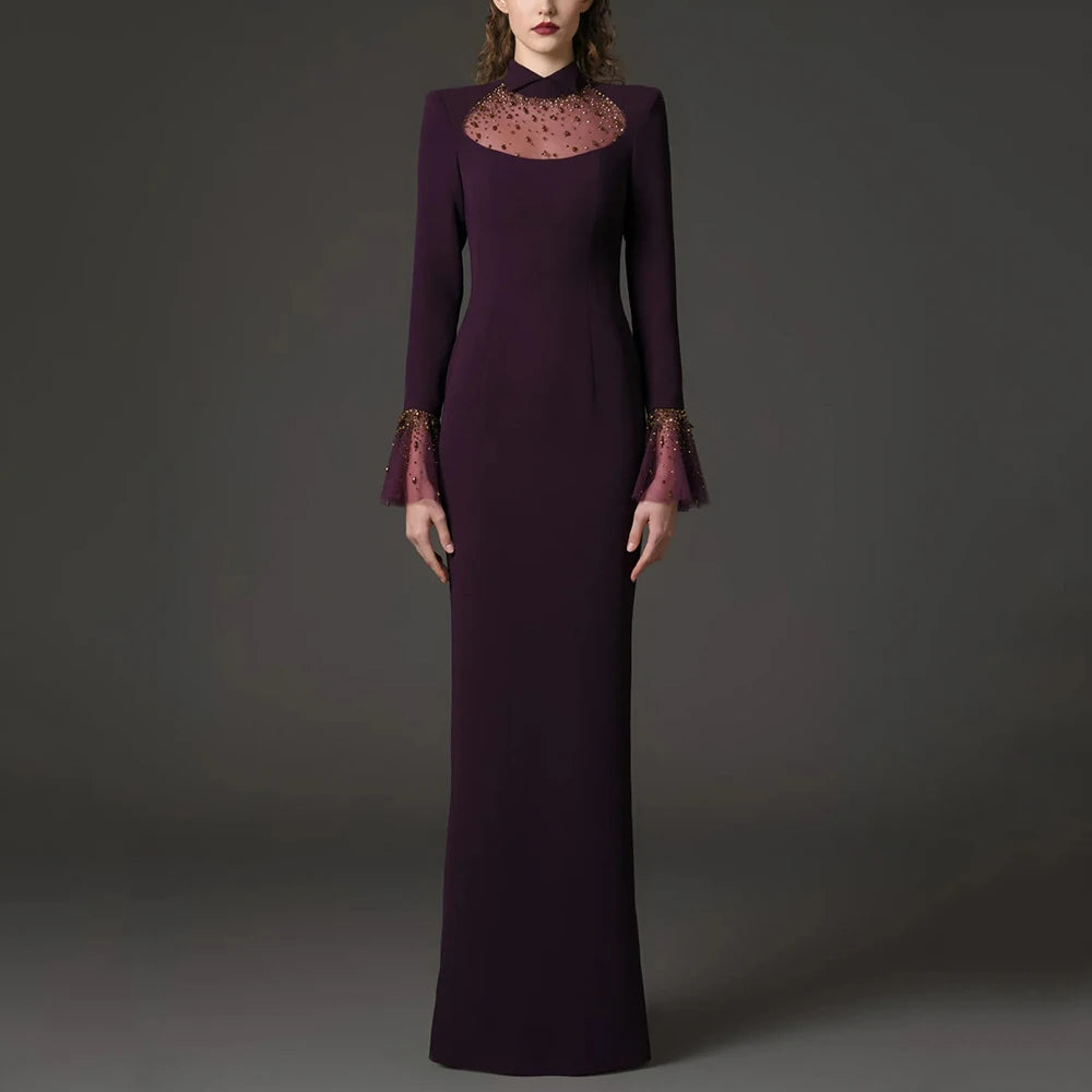 Solid Slim Elegant Trumpet Sleeves Long Dresses for Women Patchwork Diamond Mesh Temperament Dress Female New