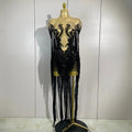 Sexy Black Rhinestones Sequins Tassel With Cape Mesh Transparent Dress Women Evening Birthday Party Nightclub Dance Stage Outfit