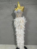 Sparkle Rhinestone Feather Sexy Mesh Long Dress Evening Party Birthday Performance Photoshoot Red Carpet Costume