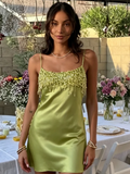 Women Chic Lime Green Satin Slip Skirt Sexy Sequin Fringe Bust Spaghetti Strap Bodycon Mini Dress Summer Party Vacation Wear New