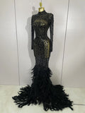 New Sexy Sparkling Red Crystals Feathers Long Sleeve Mermaid Maxi Dress Women Wedding Celebrate Luxury Birthday Party Prom Gown