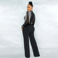 Women's Sheer Diamonds Tassel Jumpsuit See-through High Collar Hot Diamond Shoulder Padded Long Sleeved Party Jumpsuit