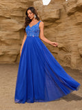Sleeveless Evening Dresses V-Neck Sequined Embroidery Long Party Gown Clothing Elegant Mesh A-Line Formal Wedding Dress