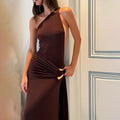 Brown One Shoulder Backless Long Dress Sexy Women's Draped Casual Maxi Dresses Summer Evening Party Wedding Guest Cocktail Black