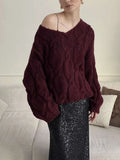 Women's Cable Knit Sweater V Neck Long Sleeve Oversized Loose Chunky Twist Pullover Tops Casual Autumn Retro Commute Top