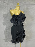 Strapless 3D Handmade Flower RhinestoneBandage Mini Dress Women Sky CorsetBodycon Short Cocktail Party Evening Dress