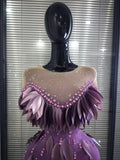 Purple Color Women Sexy Shining Rhinestones Mesh See Through Bodycon Mini Dress Sequined Celebrate Nightclub Party Birthday Wear