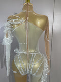 Sexy Mesh See Through Jumpsuit Women Elegant White Pearl Long Sleeves Eveing Birthday Party NightClub Dancer Stage Show Costumes