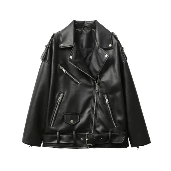 Women's Motorcycle Leather PU Imitation Leather Loose Jacket Black Jacket