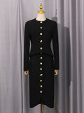 Minimalist Style Two Piece Set Female O Neck Long Sleeve Top with Button High Waist Split Bodycon Office Skirts Suit Female