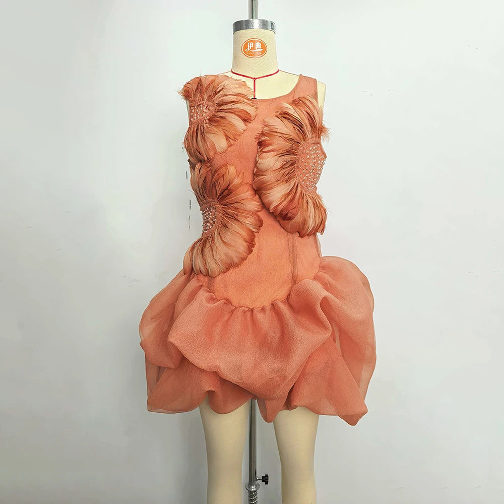 Fashion Orange 3D Floral Appliquet Mini Dress for Women Sleeveless O Neck Slim Sheer Tulle Puffed Skirt for Themed Parties