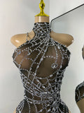 Women Sexy Sparkly Rhinestone Halter Mesh See Through Bodysuit Nightclub Performance Dance Costume Singer Stage Wear