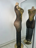 Sparkly Rhinestones Gold Black Long Dress Women Evening Prom Birthday Gown Sexy Transparent Performance Costume Stage Wear