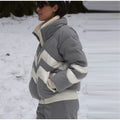 Women Color Block Spliced Ski Set Fleece Lined Stand Collar Zip Jacket Multi‑Pocket Wide Leg Trousers 2026 Winter Fashion Outfit