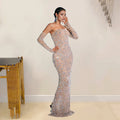 Beautiful Rhinestone Sheer Mesh Maxi Dress With Gloves Glam See-Through Diamonds Long One-Piece Dress Birthday Outfits