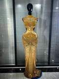 Gold Luxury Long Dress Rhinestones Women Singer Mirror for Celebrity Evening Party Catwalk Prom Outfit Stage Photo Shoot Dresses