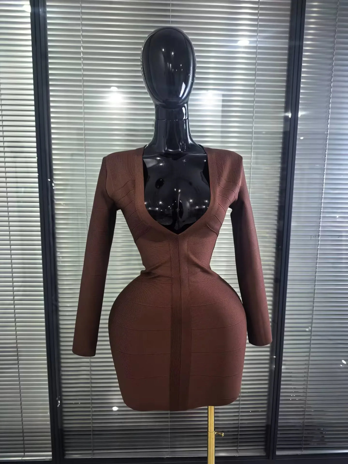 Brown Color Women Long Sleeve Sexy Deep V-Neck Bodycon Mini Bandage Dress Nightclub Party Birthday Outfit Wholesale
